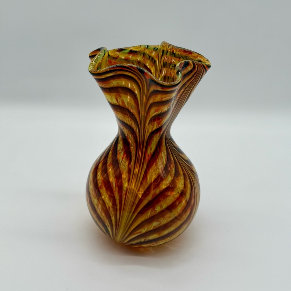 Hand Blown Art Glass Swirl Vase Amber Brown Ruffled Decorative Vase